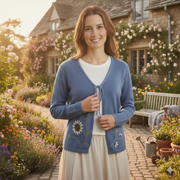 Lord & Taylor Sweaters - Lord & Taylor Blue Floral Embroidered Women's Large Tie Front Knit Cardigan EUC